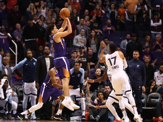 Nov 4, 2018; Phoenix, AZ, USA; Phoenix Suns guard Devin Booker (1) hits the game winning basket in the closing seconds of the game against the Memphis Grizzlies at Talking Stick Resort Arena.