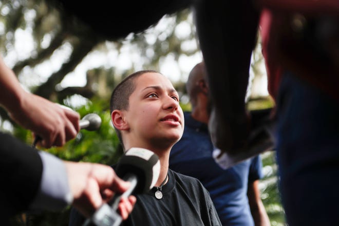 Parkland shooting survivor and activist Emma González speaks to the press after holding a press conference with the March for Our Lives movement on the steps of the Florida Historic State Capitol in Tallahassee, Fla. Monday, Nov. 5, 2018 ahead of the 2018 midterm elections Tuesday. 