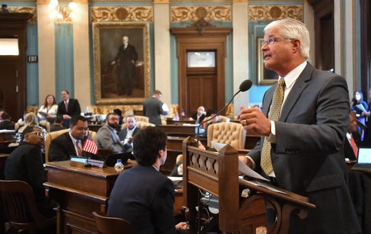 FILE - Sen. Mike Shirkey, R-Clarklake, is the sponsor of a Senate-approved bill that would require Medicaid recipients to work, get education or get training every week. It is scheduled for a House vote on Wednesday, June 6, 2018.