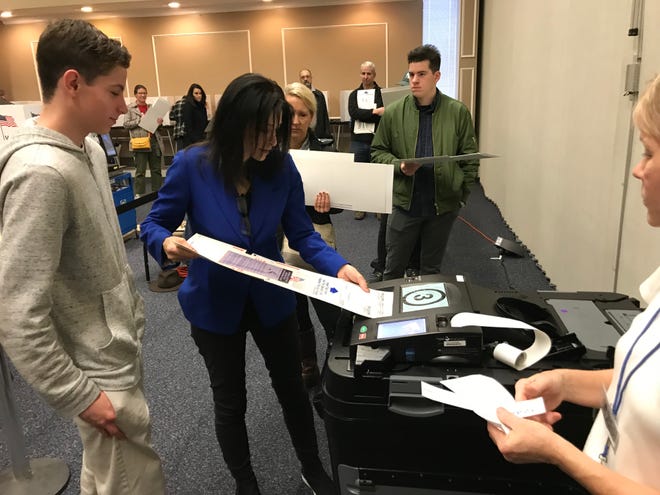 Michigan Attorney General candidate Dana Nessel casts her ballot at the Plymouth Cultural Center with a little help from her son, Zach.