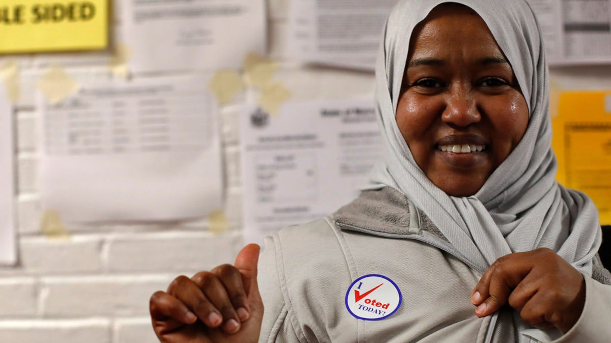 Nashwa Abdulla proudly wears an "I voted today" sticker after making her choices in the 2018 mid-term election in Lewiston, Maine.