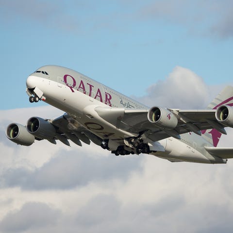 A Qatar Airways Airbus A380 takes off from London 