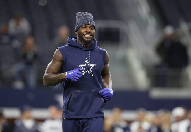 Dallas Cowboys wide receiver Dez Bryant (88) smiles while out on the field prior to the game against the Philadelphia Eagles at AT&T Stadium.