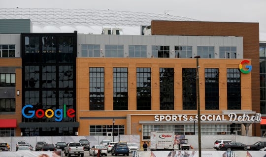 The exterior with the colorful Google name at the Little Caesars Arena in Detroit on Wednesday, Nov. 7, 2018.
