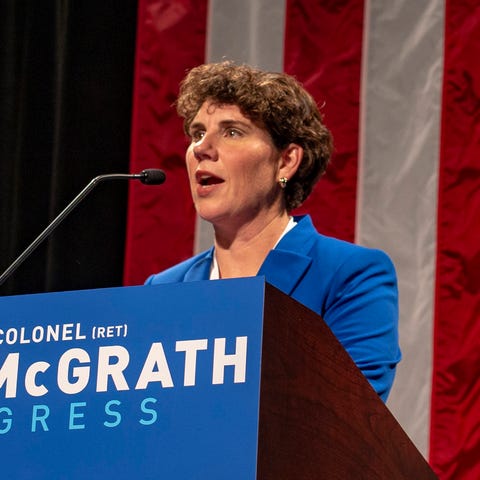 Congressional candidate Amy McGrath speaks to her...