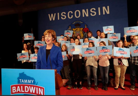 U.S. Sen. Tammy Baldwin thanks supporters Tuesday in Madison after winning re-election against Republican Leah Vukmir.