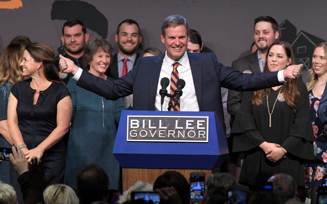 Governor-elect Bill Lee addresses supporters at his the election party at the Factory in Franklin, Tenn. on Tuesday, Nov. 6, 2018. 