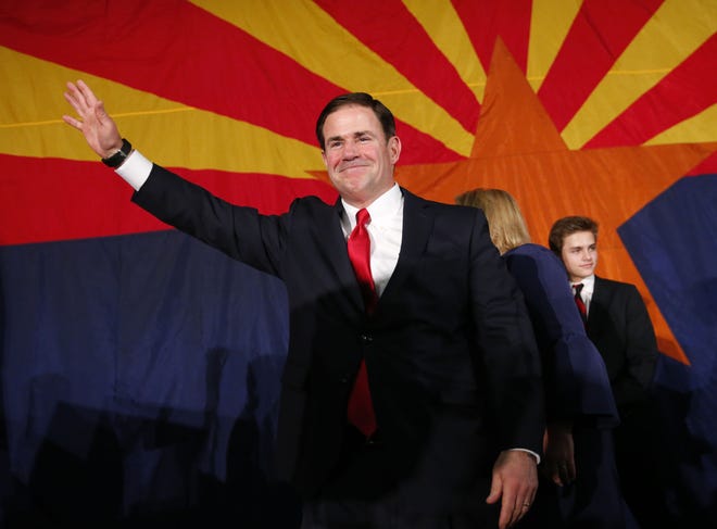 Gov. Doug Ducey speaks to supporters during the Arizona Republican Party Election Night party in Scottsdale, Ariz. Nov. 6, 2018. Ducey won his re-election against Democratic challenger David Garcia.