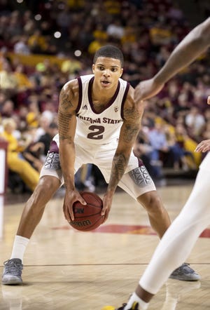 Guard Rob Edwards (2) of the Arizona State Sun Devils during the game against the Cal State Fullerton Titans at Wells Fargo Arena on Tuesday, November 6, 2018 in Tempe, Arizona.