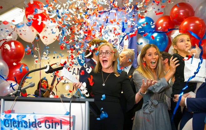 Democrat Madeleine Dean celebrates after winning Pennsylvania's 4th Congressional District race, in Fort Washington, Pa., Tuesday, Nov. 6, 2018. (Charles Fox/The Philadelphia Inquirer via AP)