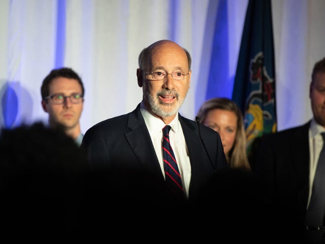 Gov. Tom Wolf delivers his victory speech at an election night party on Tuesday. Wolf was re-elected as governor after defeating Scott Wagner.