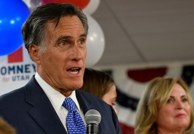 Mitt Romney, Republican U.S. senator-elect from Utah, speaks to an election night party after his victory Tuesday, Nov. 6, 2018, in Orem.