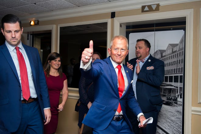 NJ Sen. Jeff Van Drew enters his election night headquarters following a victory Tuesday, Nov. 6, 2018 at The Claridge Hotel in Atlantic City, N.J.