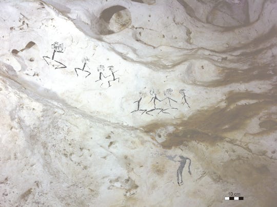 Paintings of characters have been discovered in a cave in East Kalimantan, Borneo, Indonesia. Figures were taken from 13,600 to 20,000 years ago.