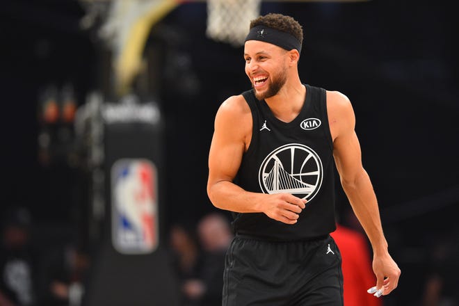 Stephen Curry of the Golden State Warriors reacts during game action against Team LeBron during the 2018 NBA All Star Game at Staples Center.