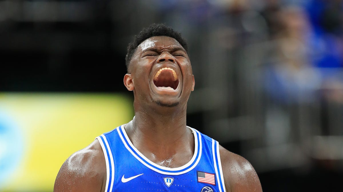 Zion Williamson of the Duke Blue Devils celebrates against the Kentucky Wildcats during the State Farm Champions Classic at Bankers Life Fieldhouse.