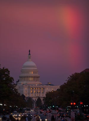 A rainbow near the U.S. Capitol as the first polls close on Election Day, Nov. 6, 2018, Washington, DC.