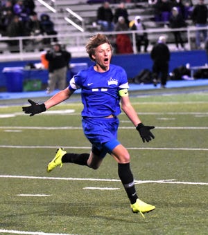 Doug Simpson is jubilant as his late goal lifts Summit Country Day to the Boys Division II State State Soccer Championship, Nov. 7, 2018.