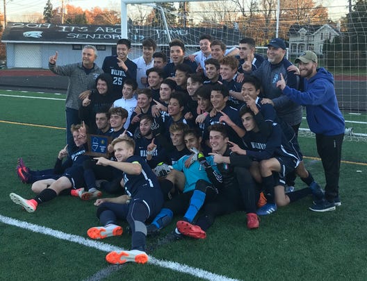 The Waldwick boys soccer team celebrates its North 1, Group 1 championship after topping Park Ridge, 2-0, in the sectional final on Thursday, Nov. 8, 2018.