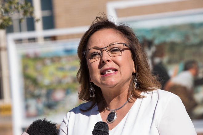 Susana Martinez, governor of New Mexico, speaking in front of the "Prado" art exhibit on the Plaza de Las Cruces, talks about the growth of tourism in the state Thursday November 8, 2018.