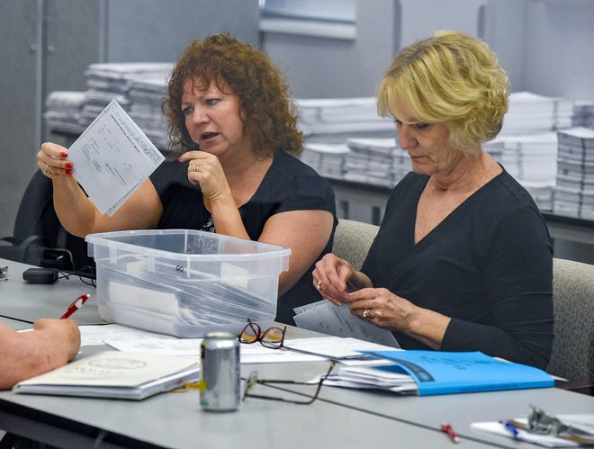 Nineteenth Judicial Circuit Judge Kathleen Roberts (left) and Martin County Supervisor of Elections Vicki Davis review provisional ballots Thursday, Nov. 8, 2018, along with other members of the canvassing board at the Martin County Supervisor of Elections building on Martin Luther King Jr. Boulevard in downtown Stuart. A provisional ballot is a ballot that's counted only when the Supervisor of Elections office can verify the person who cast it is eligible to vote.