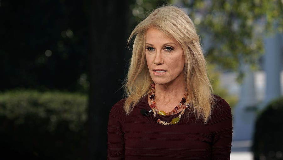 Counselor to President Donald Trump Kellyanne Conway participates in a TV interview Oct. 3, 2018, at the White House in Washington.