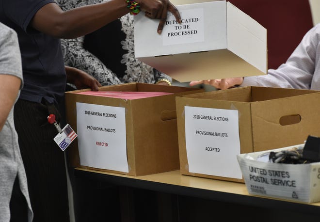 Members of the St. Lucie County Supervisor of Elections canvassing board review provisional ballots to be verified or rejected on Thursday, Nov. 8, 2018, at their office in Fort Pierce. A provisional ballot is a ballot that is counted only when the Supervisor of Elections office can verify the person who cast it is eligible to vote.