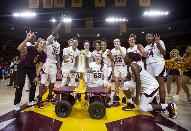 The Arizona State Sun Devils ring the victory bell following their win against the Incarnate Word Cardinals at Wells Fargo Arena on Tuesday, November 6, 2018 in Tempe, Arizona.