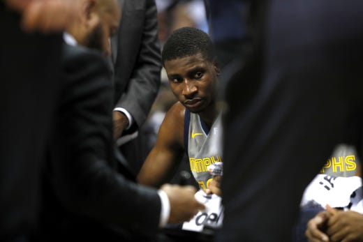 Memphis Grizzlies forward Jaren Jackson Jr. listens to coaches in the huddle during a timeout in in their game against the Philadelphia 76ers at the FedExForum on Saturday, November 10, 2018.