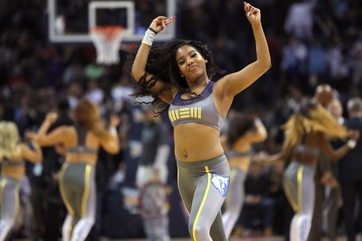 The Grizz Girls perform during a timeout in the game against Philadelphia 76ers guard at the FedExForum on Saturday, November 10, 2018.