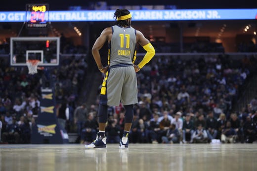 Memphis Grizzlies guard Mike Conley scores a game-high 32 points as they defate the Philadelphia 76ers 112-106 in overtime at the FedExForum on Saturday, November 10, 2018.