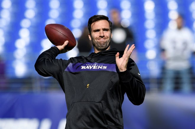 The Baltimore Ravens may be without starting quarterback Joe Flacco, above, when they take on Cincinnati on Sunday. Flacco is nursing a hip injury.