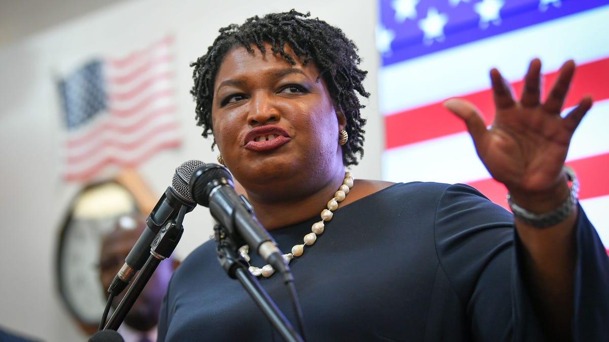 Nov 5, 2018;  Savannah, GA, USA; Democratic Georgia gubernatorial candidate Stacey Abrams speaks on the campaign trail at the Longshoremen Union Hall in Savannah, Georgia one day before the Nov. 6 elections.
