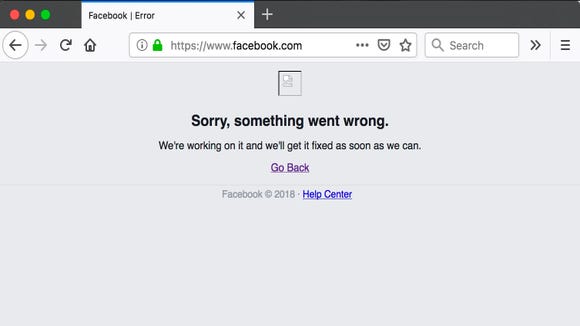 The Facebook web page indicates an error on Monday, November 12, 2018. Facebook has suffered a widespread crash.