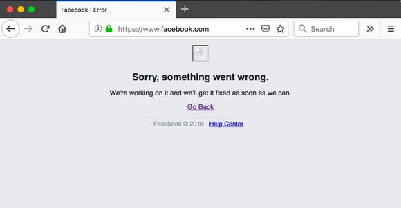 The webpage for Facebook shows an error on Monday, November 12, 2018.  Facebook suffered a widespread outage.