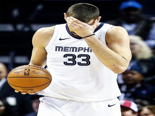 Memphis Grizzlies center Marc Gasol reacts to a foul call during action against the Utah Jazz at the FedExForum in Memphis, Tenn., Monday, November 12, 2018.