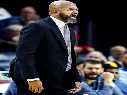 Memphis Grizzlies head coach J.B. Bickerstaff reacts after a foul call during acton against Utah Jazz at the FedExForum in Memphis, Tenn., Monday, November 12, 2018.