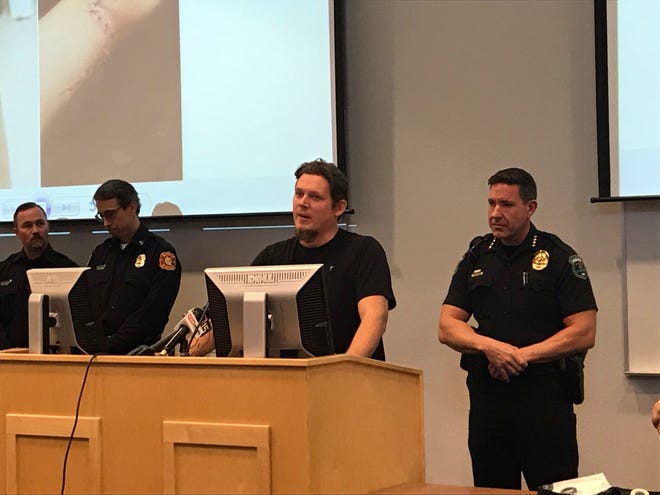 Alex Yanez speaks about the life-threatening injury he suffered while examining a flooded building and thanks the officers who saved him.