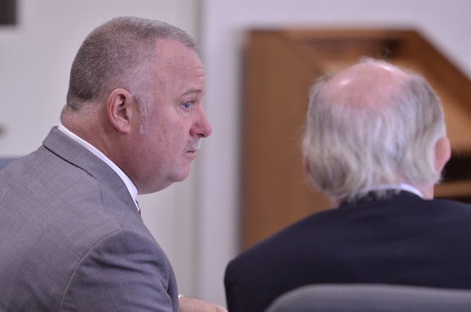 David Scibek with his lawyer Ernest  Allen during a trial regarding an accusation that Scibek hurt a student in his class on Nov. 14, 2018 at Chittenden Criminal Court in Burlington.