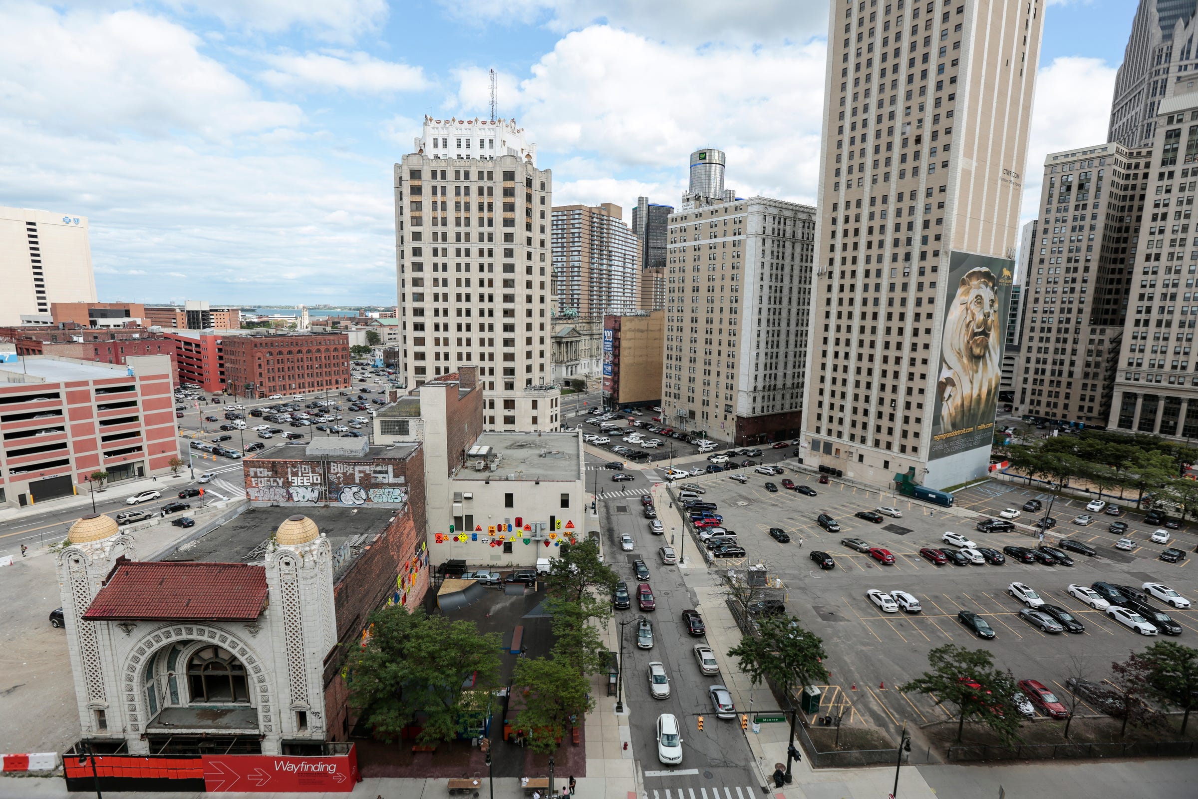 Monroe Blocks across Monroe Street from One Campus Martius and One Campus Martius Parking Garage, Friday, August 18, 2017 in downtown Detroit.