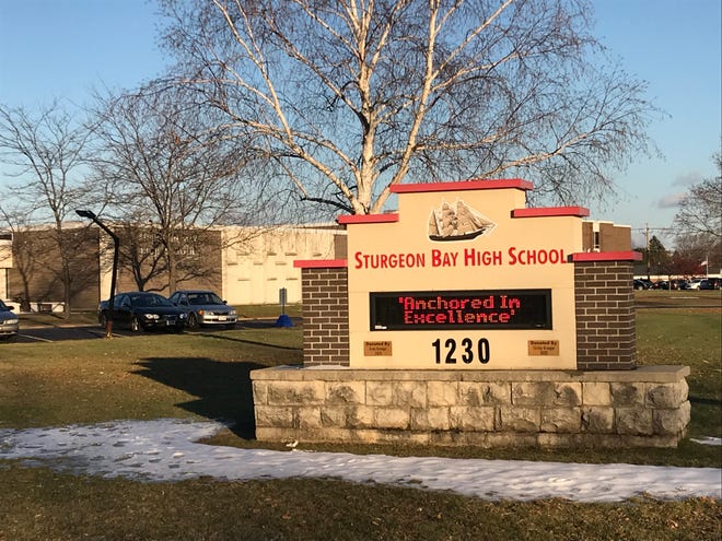 Sturgeon Bay High School sign displays its motto "Anchored in Excellence" Wednesday, Nov. 14, 2018.