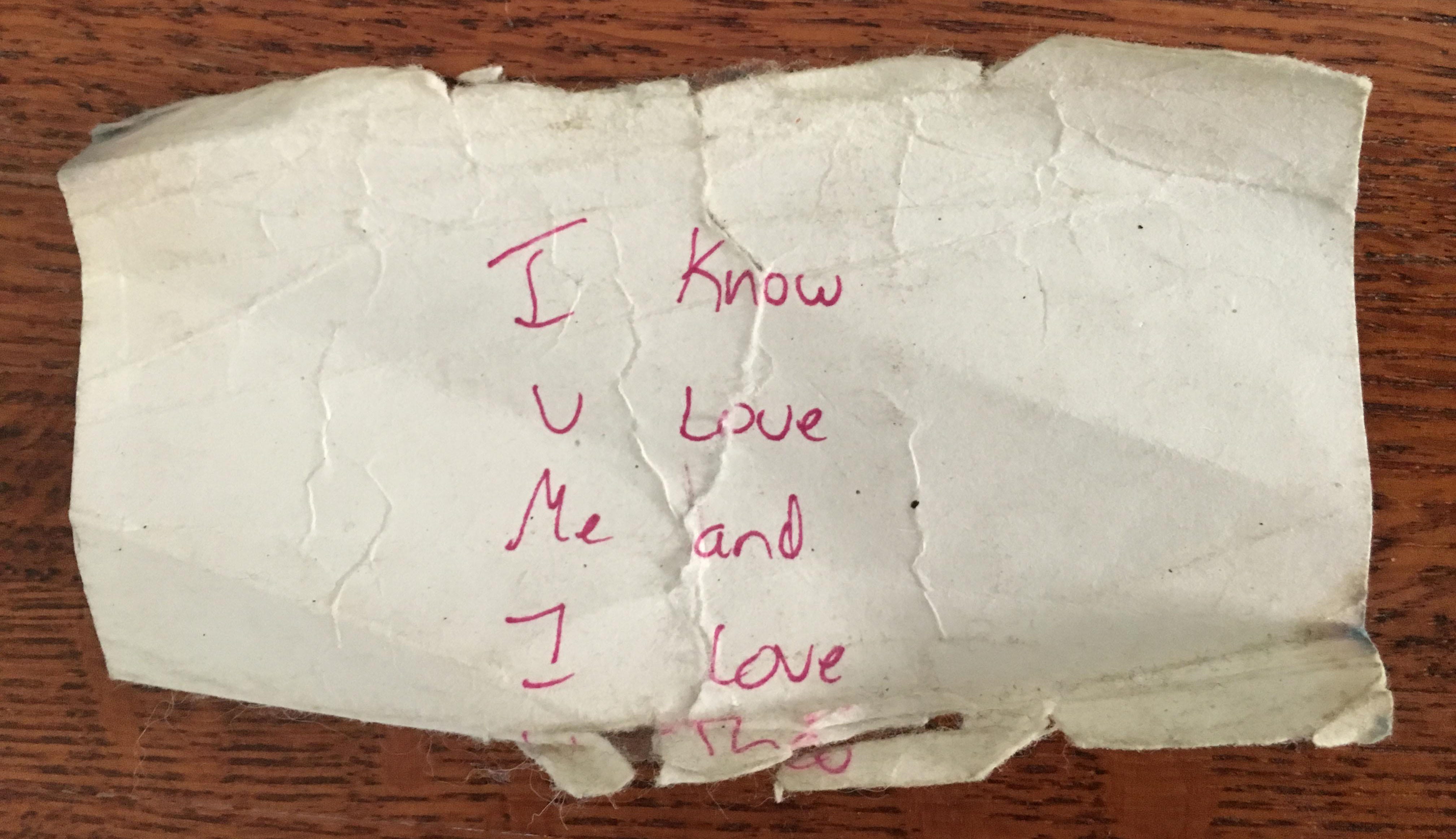 On a very bad afternoon, the summer after my mom died, when death seemed the only answer, my son Theo slipped this note into my purse before I left the house. I carried it in my wallet for years and now keep it on my dresser, a tiny piece of hope and love to see daily.