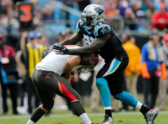 The Carolina Panthers' Mario Addison has 7.5 sacks this season, and faces a Lions offensive line that has allowed 16 in the past two games.