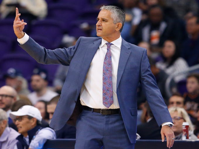Phoenix Suns head coach Igor Kokoskov yells at his team during a NBA game against the San Antonio Spurs at Talking Stick Arena in Phoenix on November 14.