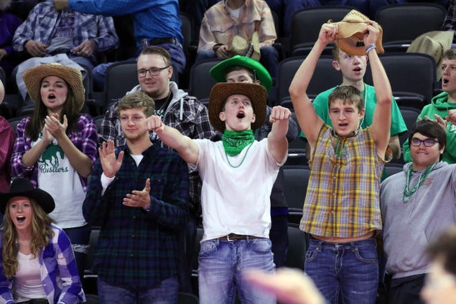 Miller fans cheer the final point of the match on Thursday as Miller defeated Rapid City Christian 3-0 to advance to semifinals in Sioux Falls.