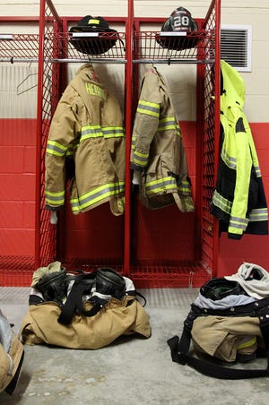jackets are hung in the new bay at the Hebron fire station.