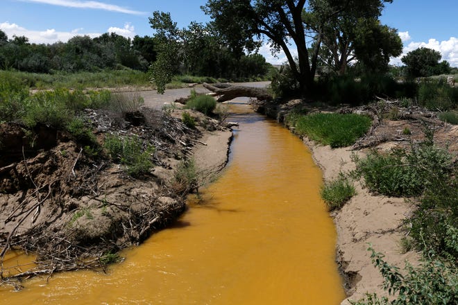 Discolored water is pictured in the Animas River near its confluence with the San Juan River in Farmington on Aug. 8, 2015, a few days after the Gold King Mine spill.