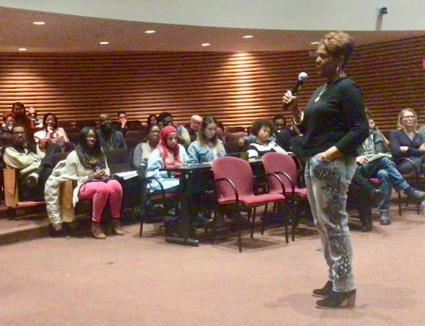 Sabrina Owens, niece of Aretha Franklin, discusses the Queen of Soul’s funeral Friday night at an event looking back at the news coverage.