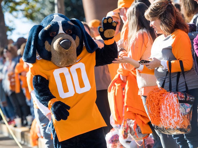 Smokey high fives fans before the Tennessee Volunteers take on the Missouri Tigers in Neyland Stadium on Saturday, November 17, 2018.