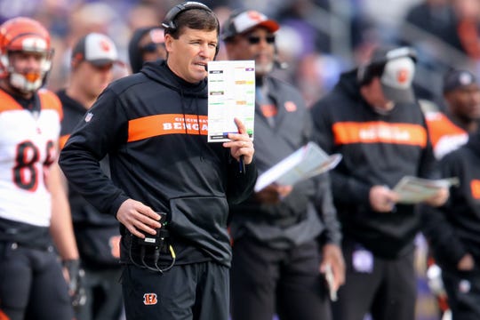 Cincinnati Bengals offensive coordinator Bill Lazor calls a play in the second quarter of an NFL football game against the Baltimore Ravens ,Sunday, Nov. 18, 2018, at M&T Bank Stadium in Baltimore. 